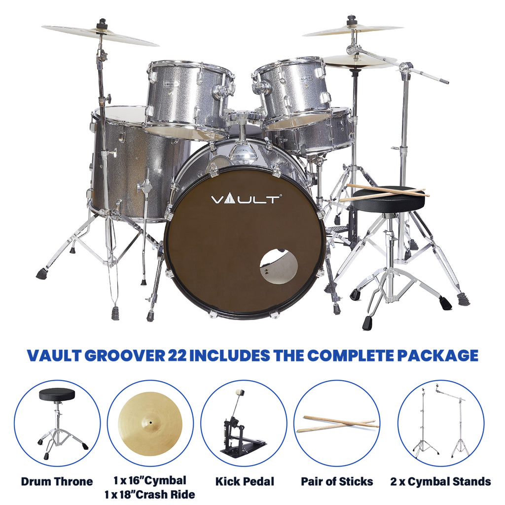 Vault Groover 22" 5-Piece Acoustic Drum Kit with Hardware, Cymbals & Throne