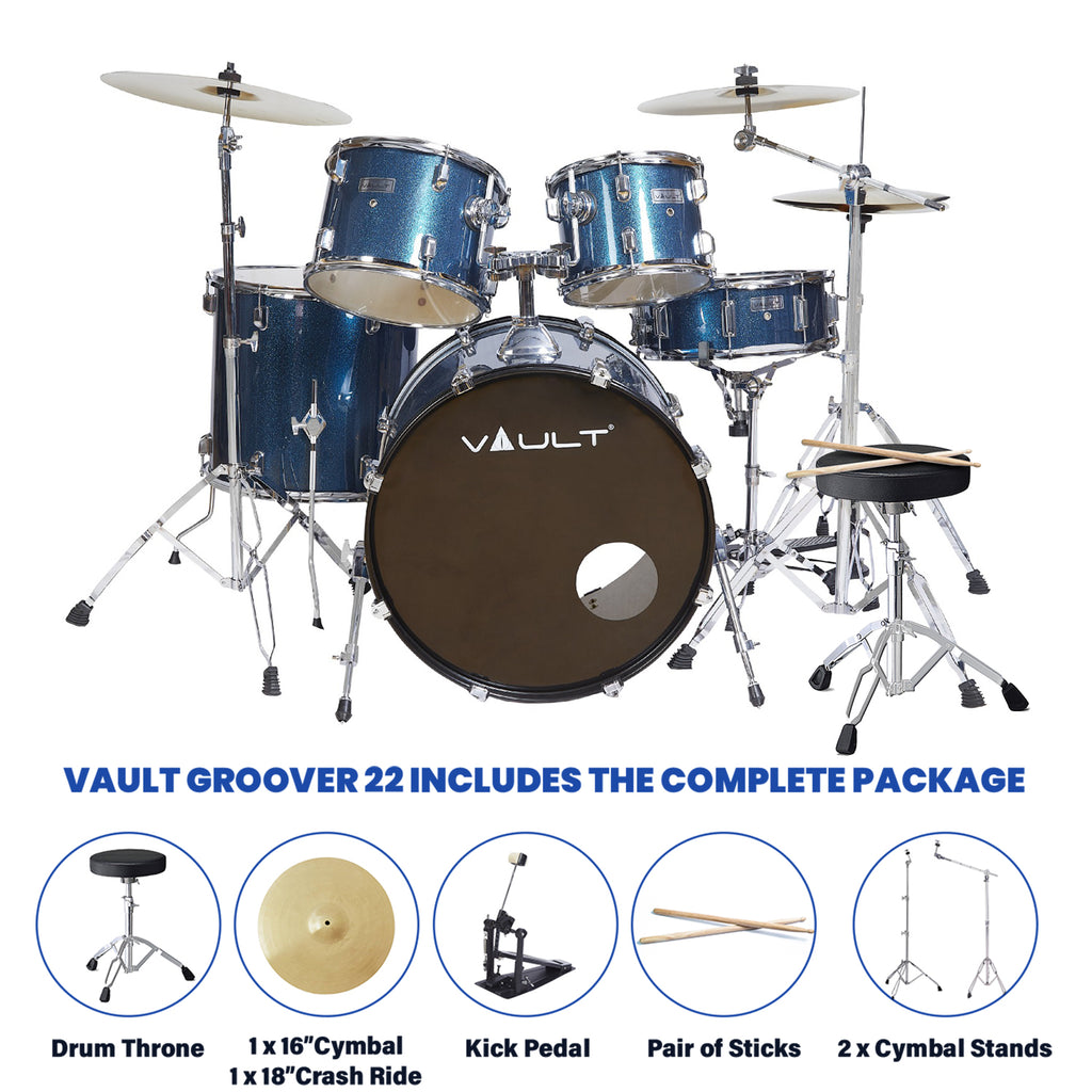 Vault Groover 22" 5-Piece Acoustic Drum Kit with Hardware, Cymbals & Throne