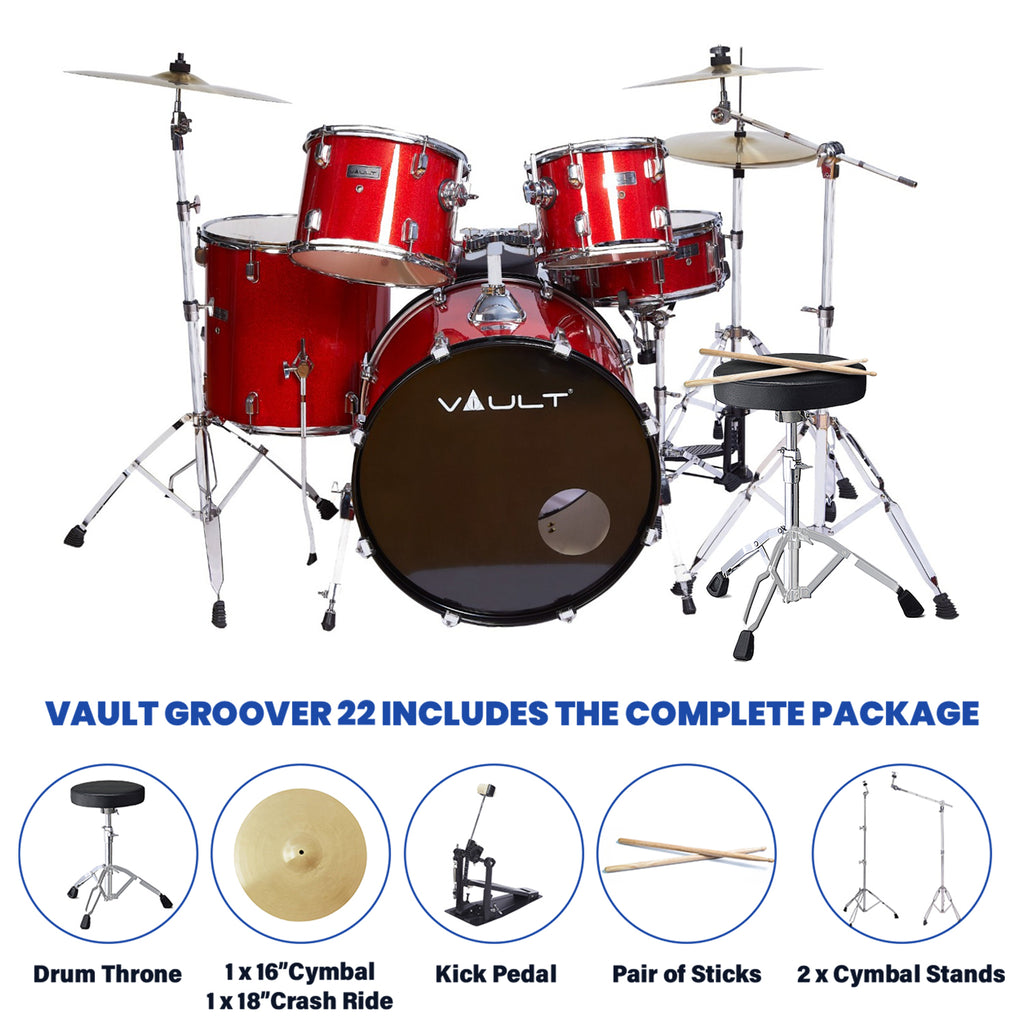 Vault Groover 22" 5-Piece Acoustic Drum Kit with Hardware, Cymbals & Throne